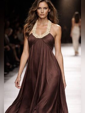 ❤️ Plus Size 14 Brown Sheer Flowy Elegant Evening Halter Top Midi Dress